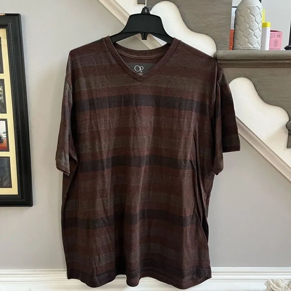 OP V-Neck Mens Brown Stripe T-Shirt sz 2XL